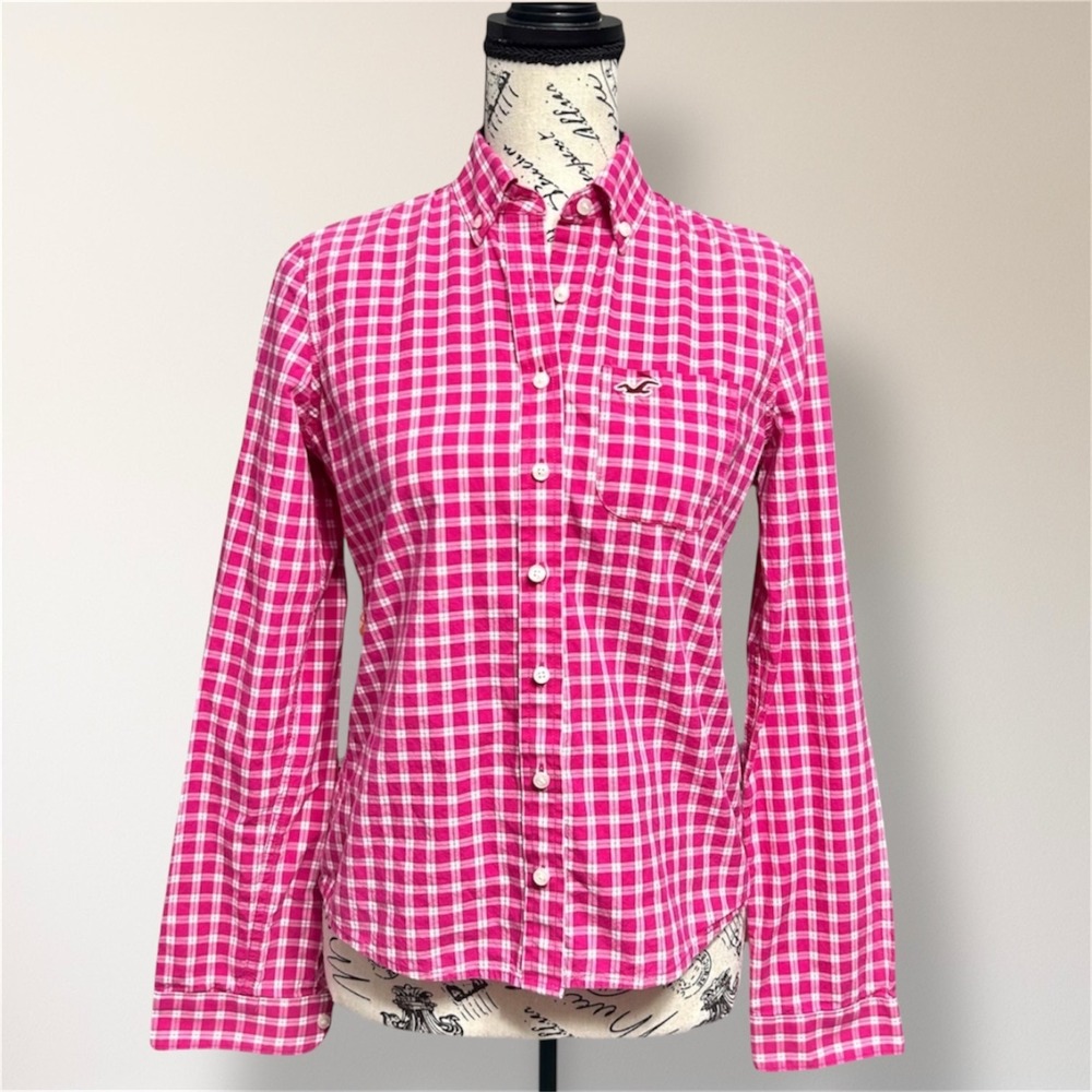 Hollister S Pink White Gingham Plaid Button Up Long Sleeve Cotton Shirt Preppy